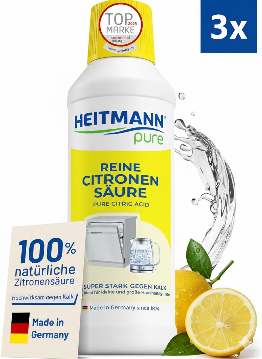 3 x HEITMANN pure Pure Citroenzuur 500 ml, Effectieve kalkaanslagverwijderaar in keuken en badkamer, 100% natuurlijk citroenzuur, Ontkalker voor volautomatische koffiemachines, waterkokers en wasmachines, Voedselveilig