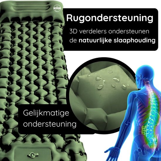 Groene slaapmat met 3D verdelers voor gelijkmatige ondersteuning en natuurlijke slaaphouding.