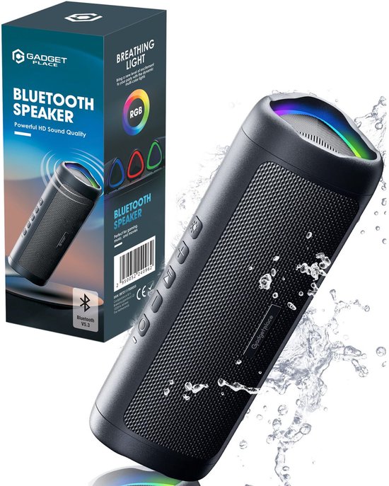 Zwarte Gadgetplace Bluetooth speaker met RGB verlichting en een rasterpatroon. De speaker is waterdicht en omringd door spatten.