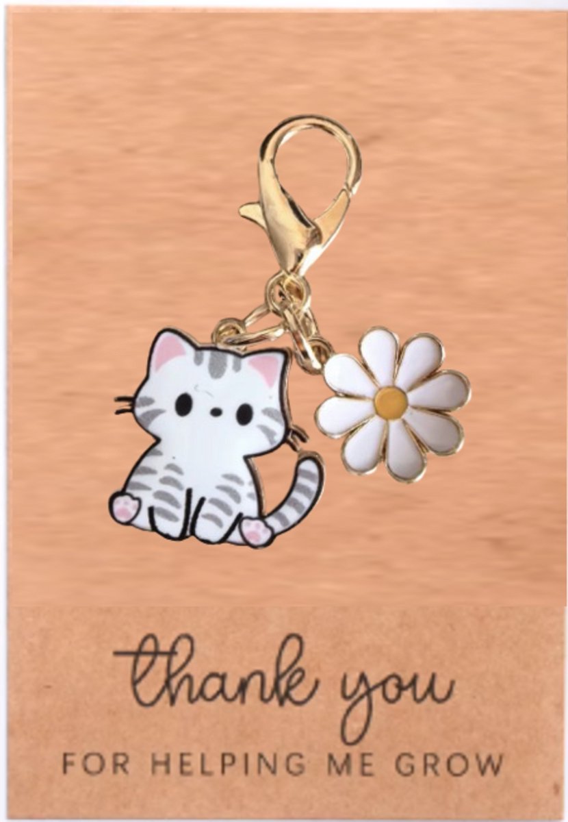 Pradeo - Katje Sleutelhanger - Gelukshanger - Hangertje - Katje - Poesje - Kat - Poes - Cat - Key Chain - Met Bloemetje - Pocket Hug - Klein Cadeau / Geschenk - Met Kaartje Met Tekst - Wit Katje