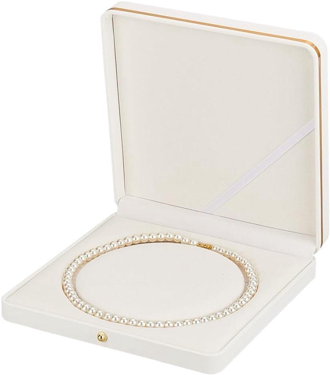 Allecto- Parel Ketting Doos - Sieraden Opslag - Luxe - Wit - Organizer - Vierkante PU Lederen - Geschikt voor Bruiloft - 19Cm - Soft Touch Voering - Gift Case - Claimond Aderen - Display Case voor Hanger