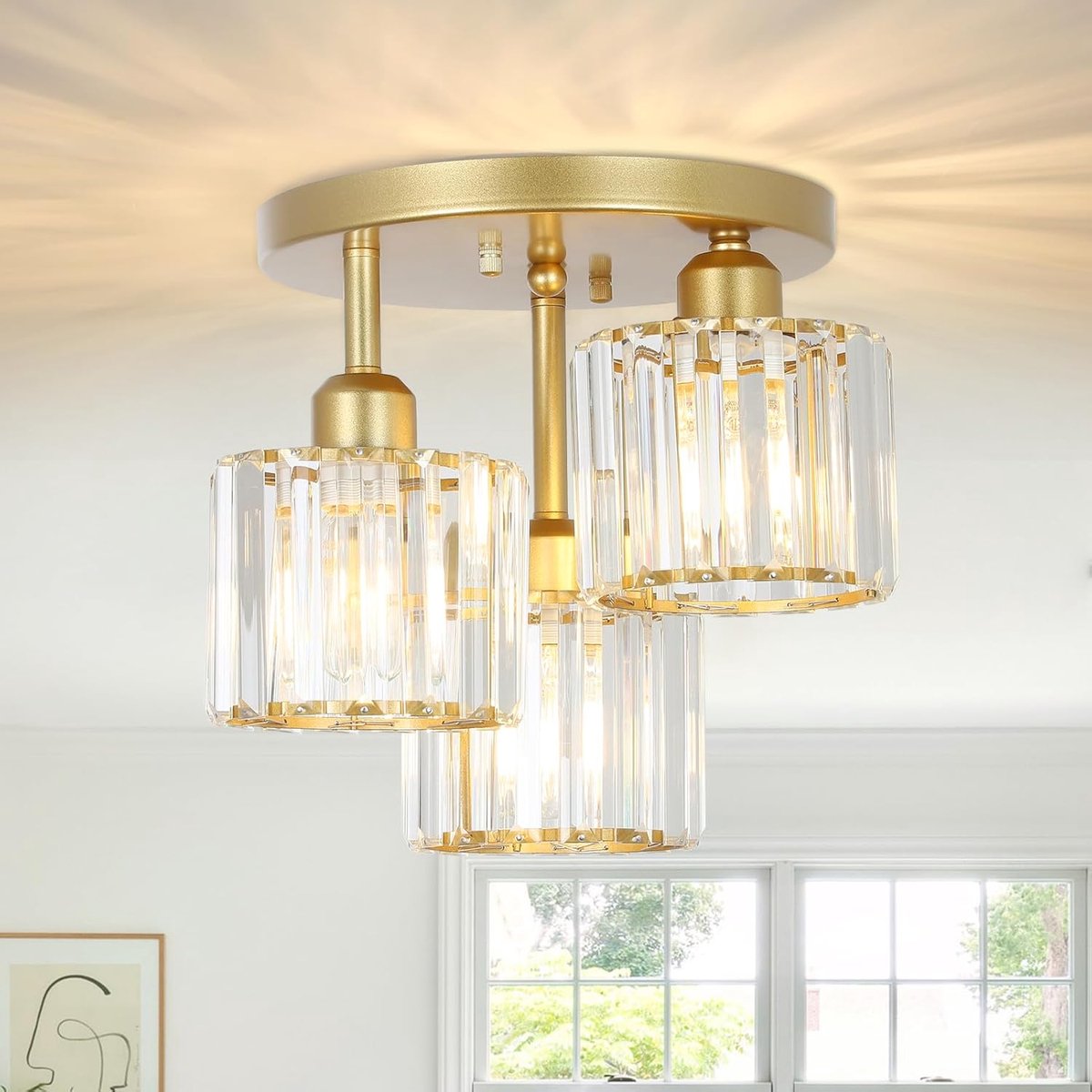 MELVRA Kristallen Kroonluchter - Plafondlamp - 3-lichts - Modern - Glas & Kristal - Mat Goud - Voor Woonkamer, Slaapkamer, Keuken & Badkamer