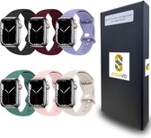 Zes Apple Watch bandjes in de kleuren zwart, bordeaux, paars, groen, roze en crème.