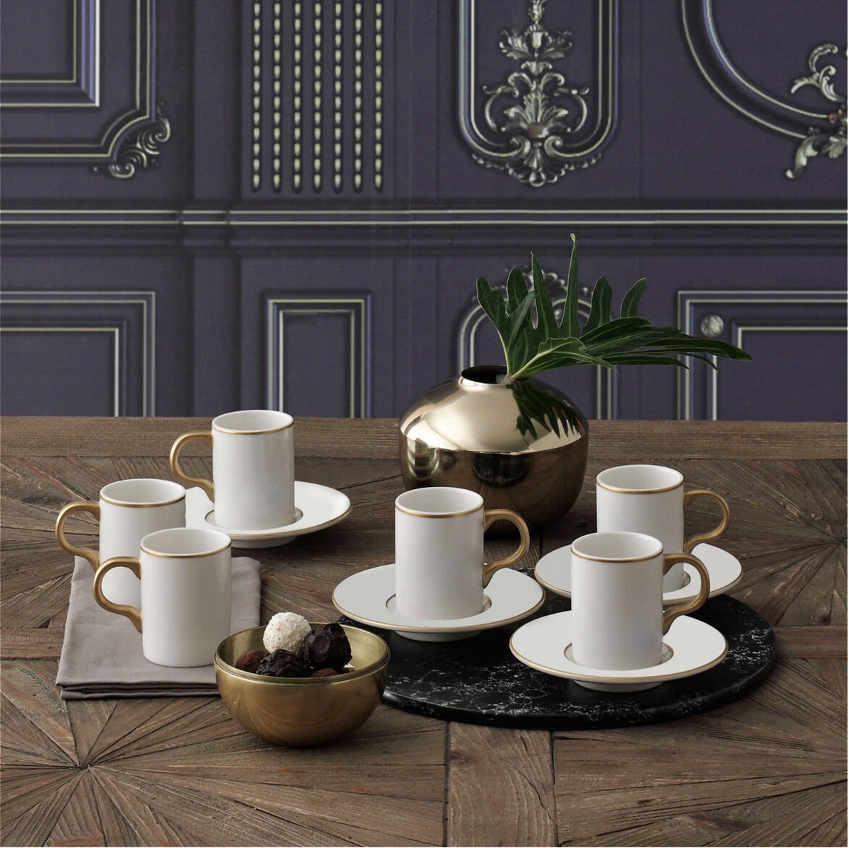 Luxe Koffieset - 12-Delig Bone China - 6 Personen - 100ml - Wit met Gouden Rand - Turkse Koffie & Espresso Kopjes