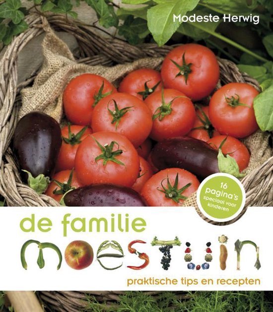 Boekomslag 'De familiemoestuin' met tomaten en aubergines in een mand.