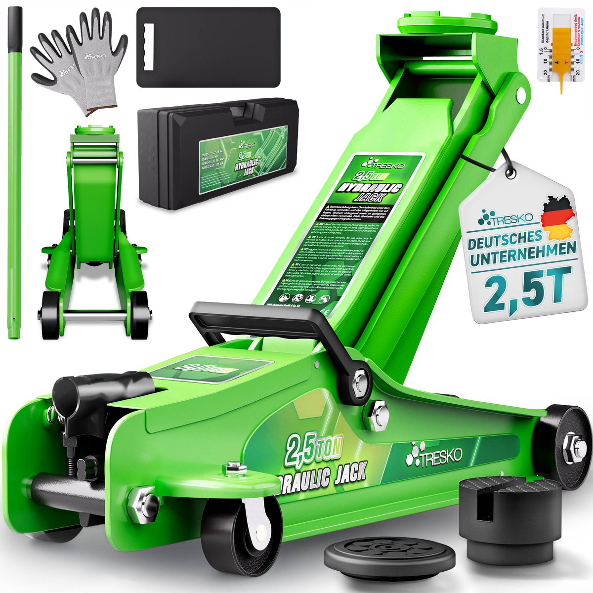 TRESKO Hydraulische krik, 2,5 ton groen, hefhoogte 85-385 mm, met koffer, hydraulische krik, plat, voor verlaagde auto's, 360° wielen met 2 rubberen pads, kniematten, handschoenen