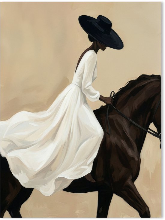Une peinture d'une femme en robe blanche et chapeau noir, montée sur un cheval brun.