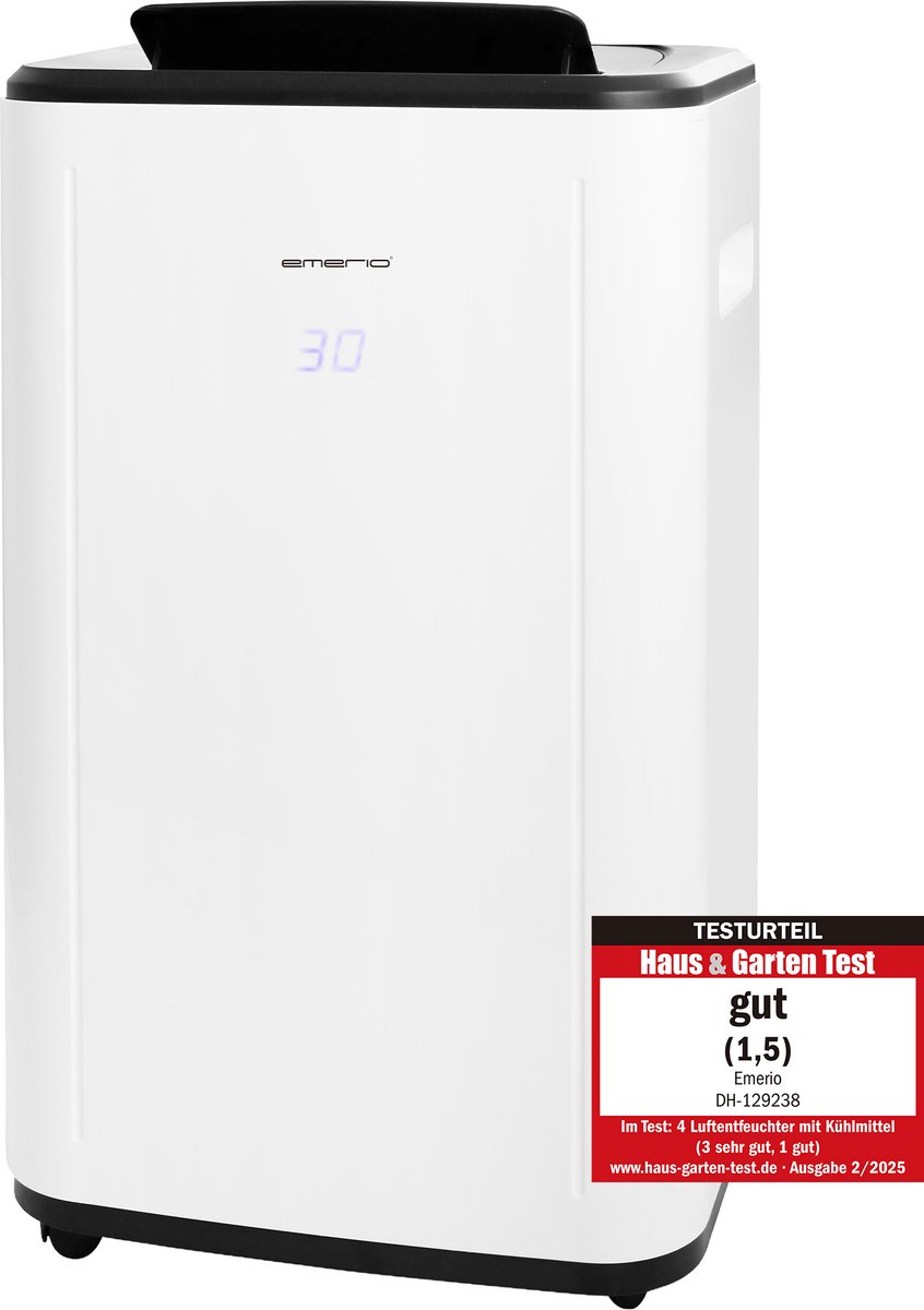 Emerio DH-129238 - Luchtontvochtiger met R290 30 l/dag auto-stop wanneer vol kamergrootte tot 60 m² led-display timer droogfunctie voor kleding tegen vocht en schimmel grote tank van 6 liter