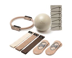 ClearMind® Pilates Set 9-Delig – Pilates Ring, Bal, 3 Weerstandsbanden, Enkel- en Polsgewichten – Complete Thuis Fitness Kit – Core & Full Body Training – Unisex – Taupe