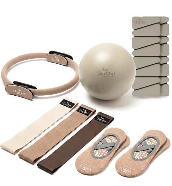 ClearMind® Pilates Set 9-Delig – Pilates Ring, Bal, 3 Weerstandsbanden, Enkel- en Polsgewichten – Complete Thuis Fitness Kit – Core & Full Body Training – Unisex – Taupe