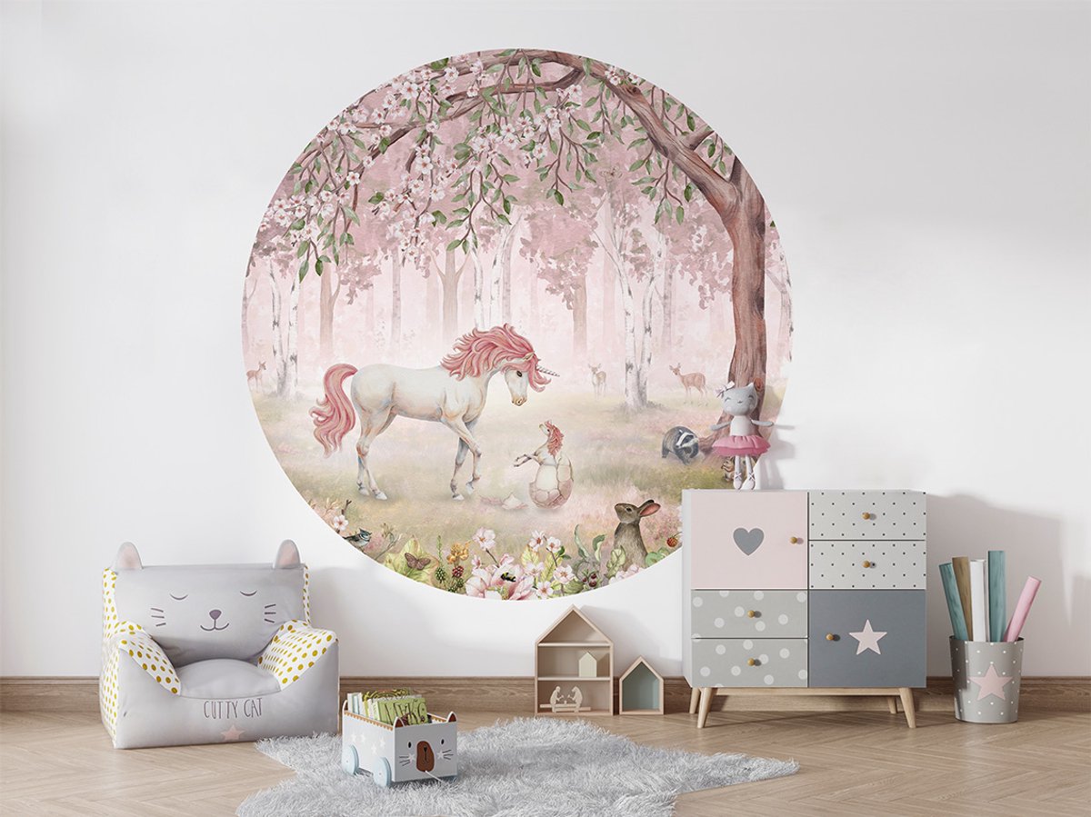 Muursticker - Wanddecoratie - kinderkamer - babykamer - meisjes - ø 80 cm - Unicorn Pink - Eenhoorns - behangcirkel