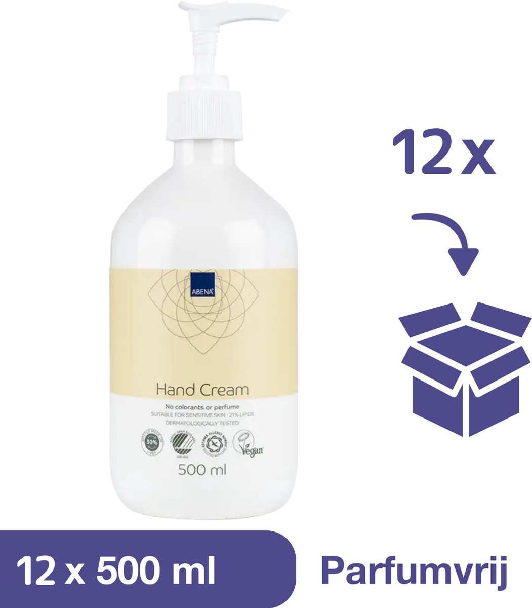 ABENA Handcreme - Ongeparfumeerd - 12 x 500 ml - Handcreme Droge Handen - Handcreme voor Mannen en Vrouwen - Handcreme Droge Huid - Vegan