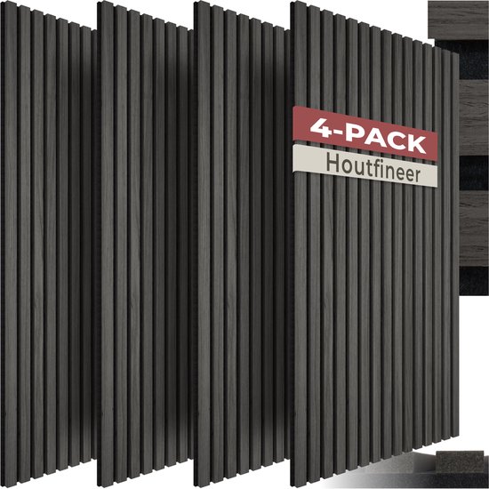 Vier panelen met verticale, donkergrijze houten lamellen. Een rood en wit bord met '4-PACK Houtfineer' is zichtbaar.