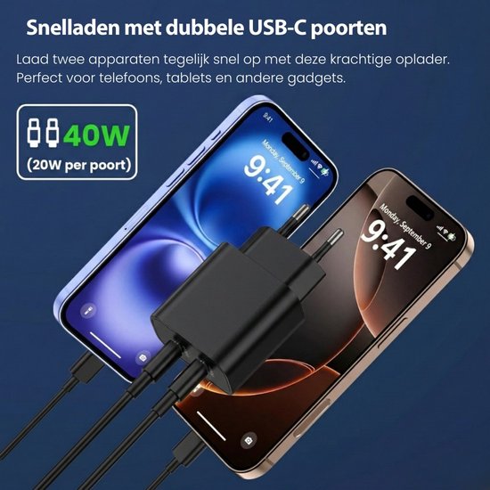 Zwarte 40W oplader met dubbele USB-C poorten laadt twee telefoons tegelijk op.