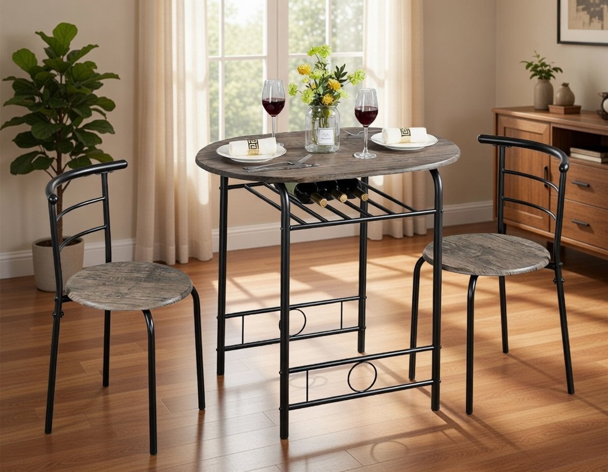 Landelijke Eettafel Set voor 2 Personen - Compacte Keukentafel met Opbergruimte - Drift Bruin - Klassiek Design, Robuust MDF en Metaal - Ideaal voor Kleine Ruimtes, Balkon en Woonkamer Casa Serena ...