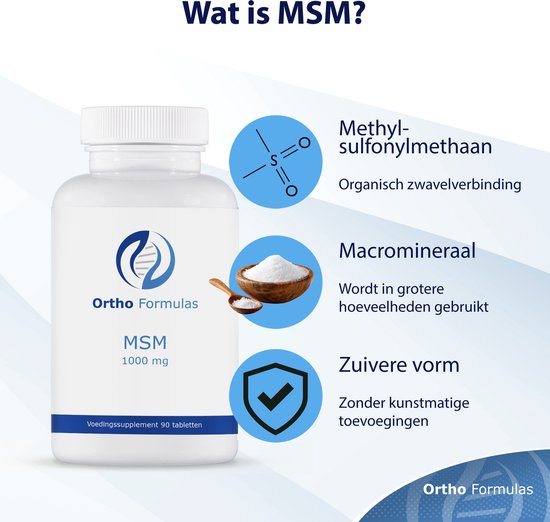 Ortho Formulas MSM 1000 mg supplement pot met uitleg over methylsulfonylmethaan, organische zwavelverbinding en zuivere vorm.