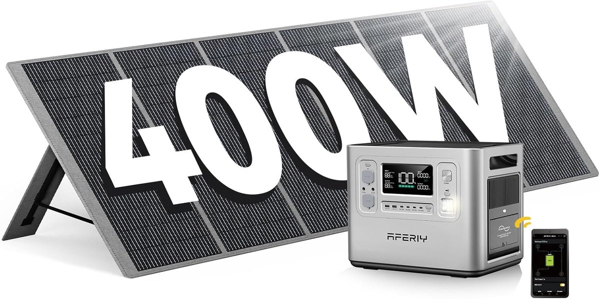 AFERIY P210 Powerstation 2400W 2048Wh met Zonnepaneel 400W - 13 uitgangspoorten - 10 jaar batterijduur - 10 ms UPS - 35 dB fluisterstille werking - zilver