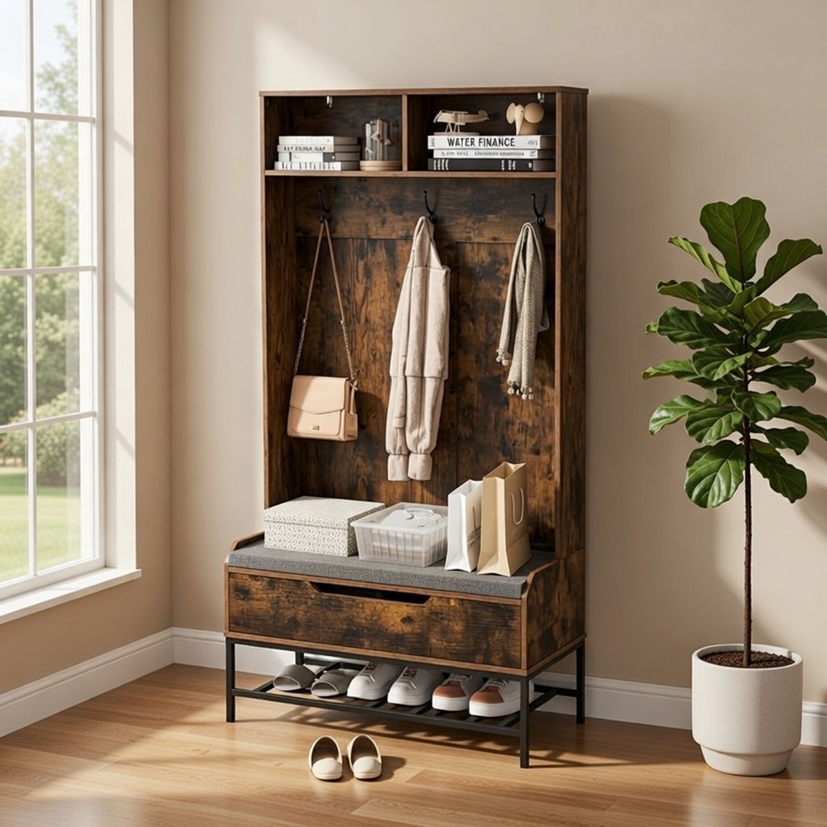 Luxe 4-in-1 garderobekast met Schoenenbank, Kapstok en Opbergruimte 90x38,5x170 cm – Industrieel Bruin – Entree Halmeubel met Kussen & Metalen Frame Casa Serena – Casa Dorada