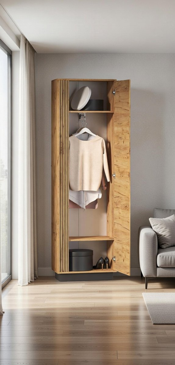 GoldCraft Luxe Hal kledingkastdoos - Kleine Gangkast met Deur, Legplanken en Kledingstang - Eiken Goud/Zwart - 60x200x34 cmCasa Serena – Casa Dorada