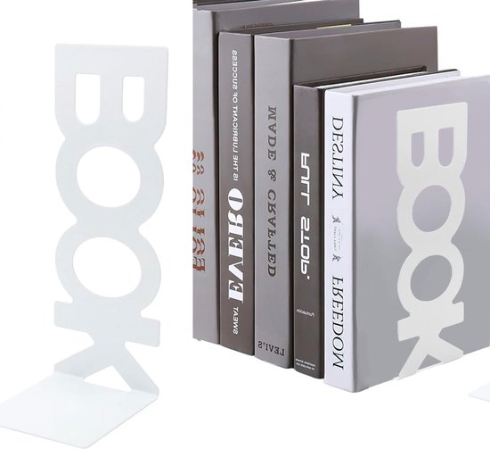 Foto: Boekensteun set van 2 metalen boekenstandaard stijlvol ontwerp decoratieve boekensteunen boekenhouder boeksteun book holder multifunctioneel inzetbaar verdelers voor planken kantoor bibliotheek huis en school wit