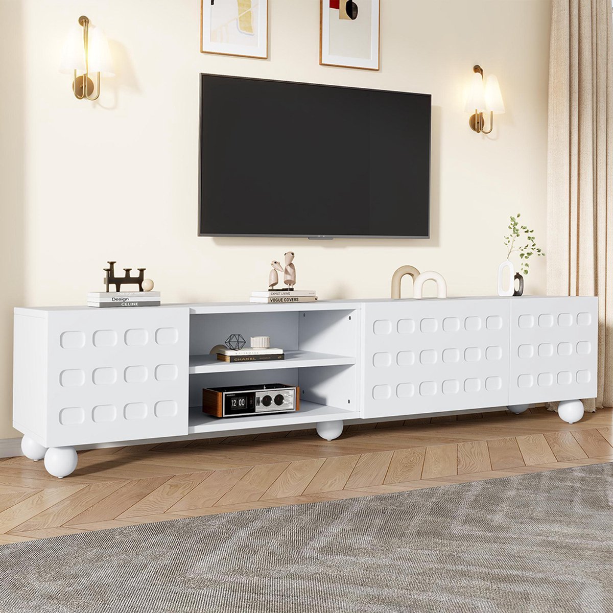 KOMHTOM BLACKCOLORS TV-meubel 200*40*44 cm, woonkamermeubel met 3 deuren, kastdeuren met opdruk, TV-meubel 200 cm lang, TV-meubel met 5 poten, laag meubel, geschikt voor tv's tot 80 inch. Wit