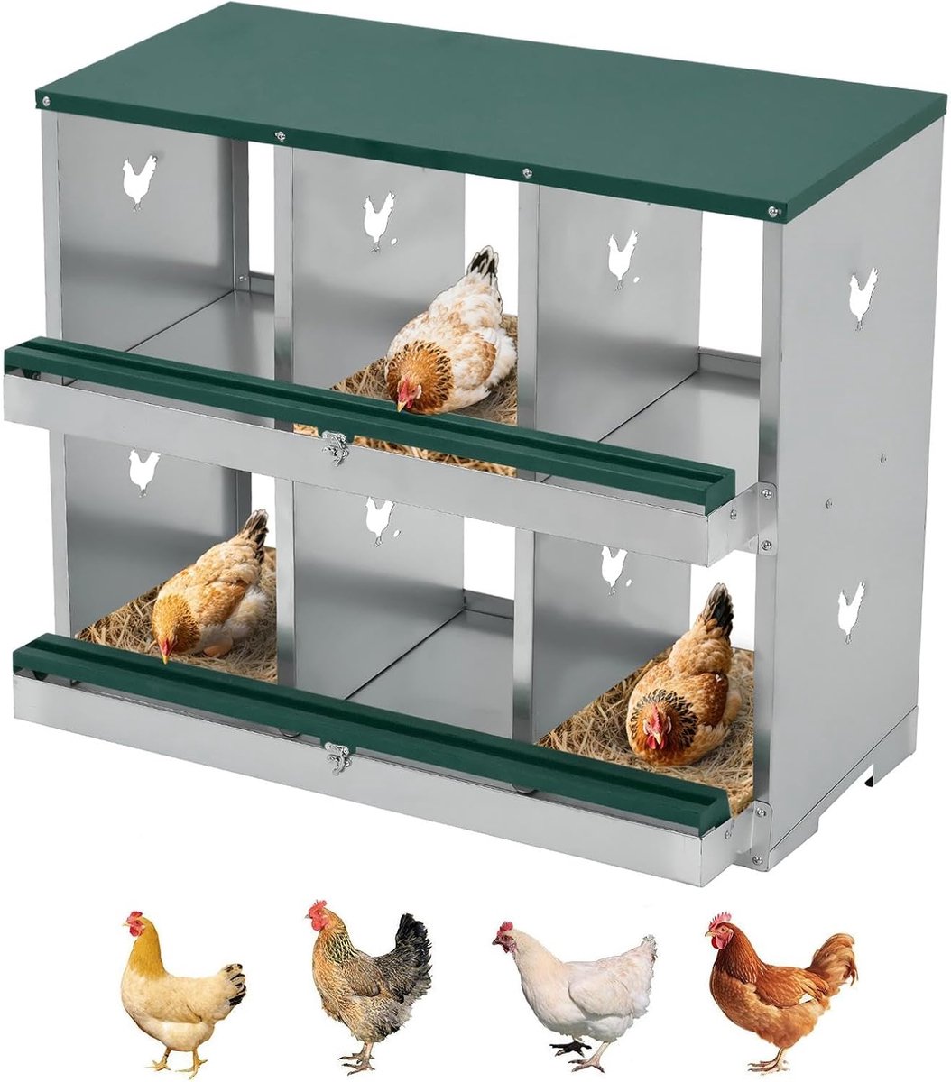 Garvee Roll Away kippennestkast, 6 compartimenten, automatische eierverzameling met externe lade, zwaar gegalvaniseerd staal, eenvoudig schoon te maken en te monteren voor kippen (groen)