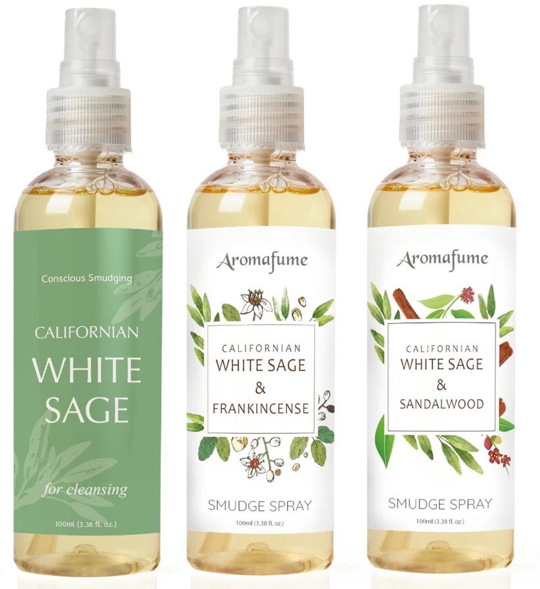 Aromafume - smudge spray - witte salie spray - white sage en sandelwood - white sage en frankincense - set van 3 - 100ml