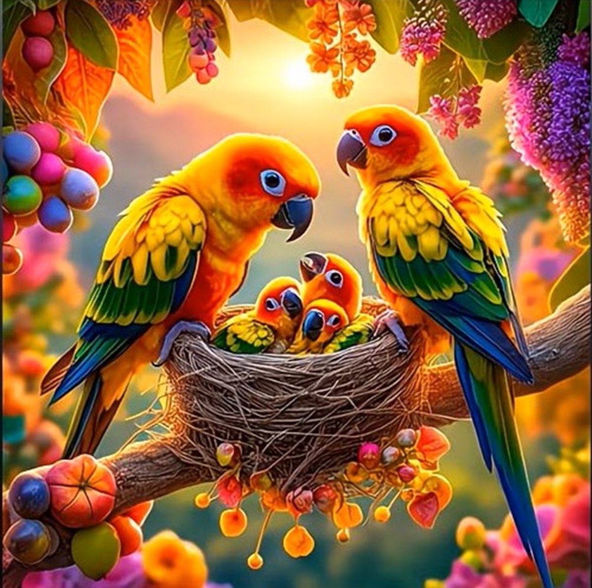 40x40cm Diamond Painting papegaaien nest nr 598