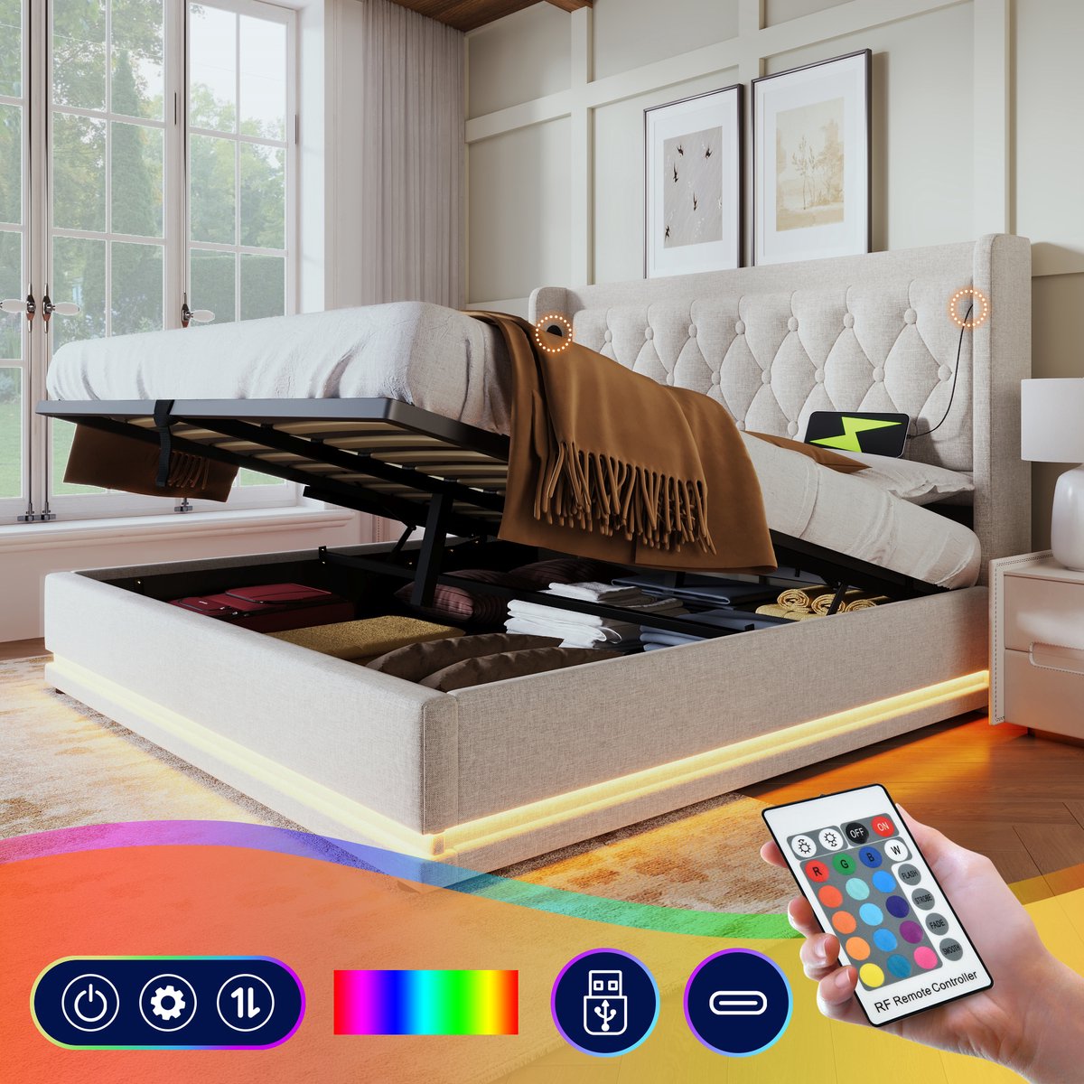 Gestoffeerd Tweepersoonsbed 140*200 cm, Beige Katoenen stof, Hydraulisch Opbergbed, Gewatteerd Hoofdeinde met USB Type-C Oplaadfunctie, 3-Zijdige LED-Verlichting (Matras niet Inbegrepen)