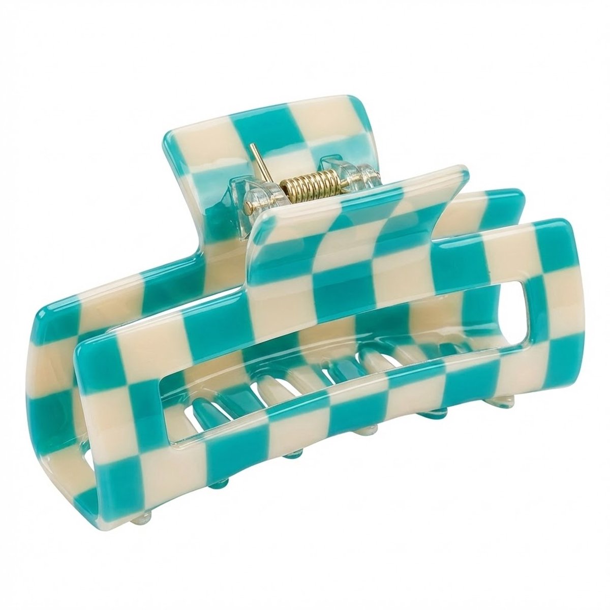 Turquoise witte geruite haarclip – haar klem – dames – kunststof haar accessoire met ruit patroon – open rechthoek vorm – stevige grip – decoratief ontwerp