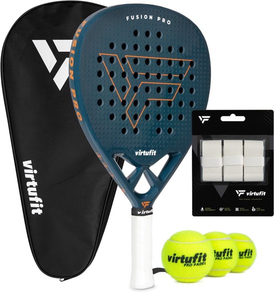 VirtuFit Fusion Pro Padel Set - Blauw / Oranje - Incl. Tas, 3 Ballen & Overgrips