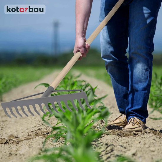 KOTARBAU® Tuinhark, Gazonhark, Bladhark, Metaal, 36 cm, Grijs & Naturel, Tuinhark voor Gazon, Met Houten Steel, 14 Tanden, Stevige Hark, Waaierbezem, Robuust Tuingereedschap van Merkloos	 — afbeelding 3