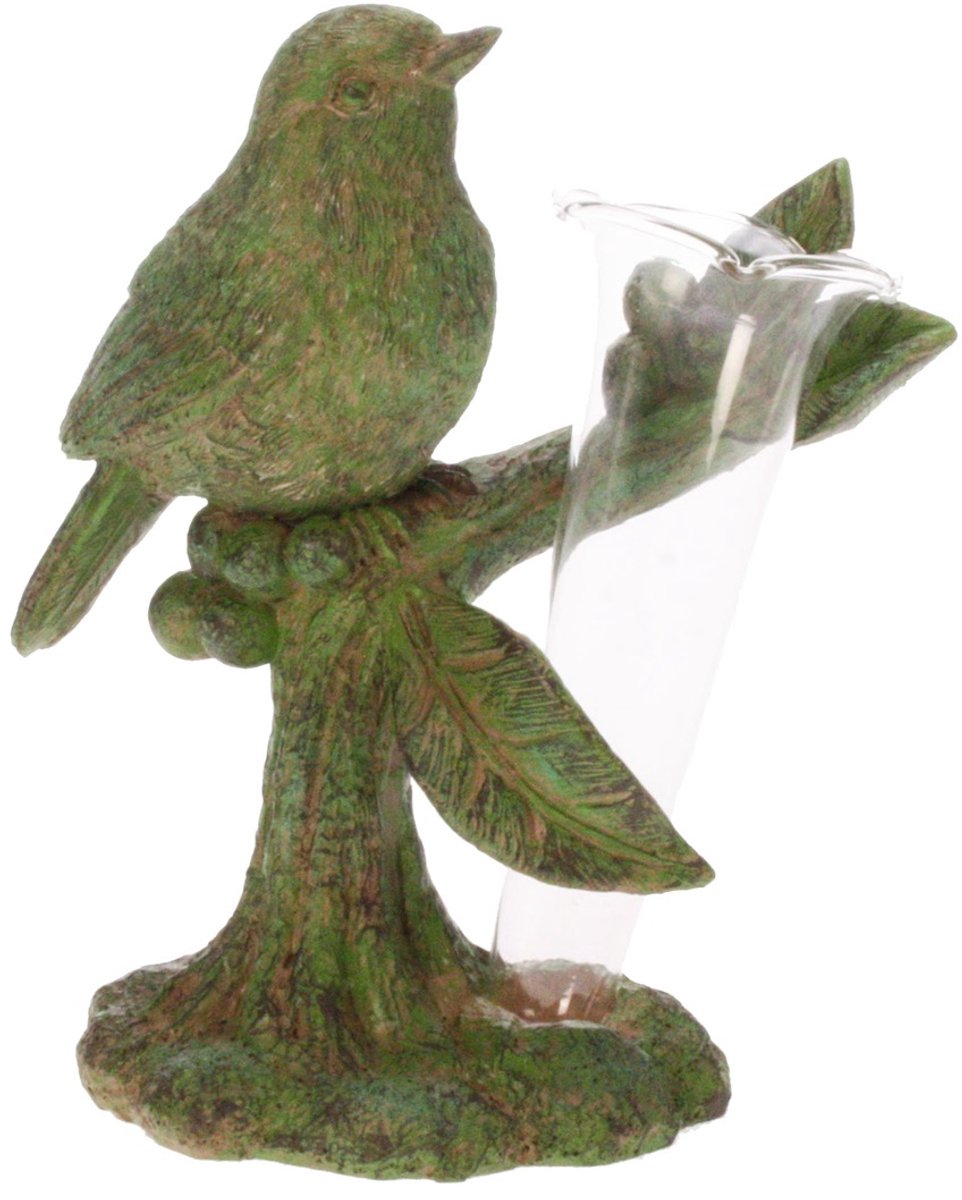 Vaasje Roodborstje op tak, groen 14x7x15cm