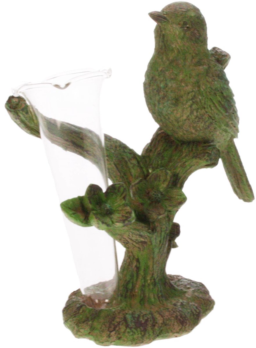 Vaasje Koolmees op tak, groen 13x8x16cm