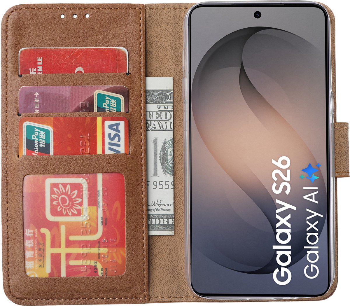 Hoesje Geschikt voor Samsung Galaxy S26 – Arara bookcase met pasjeshouder - Bruin