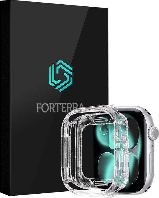 Een transparante Apple Watch hoes naast de zwarte Forterra verpakking met een turquoise logo.