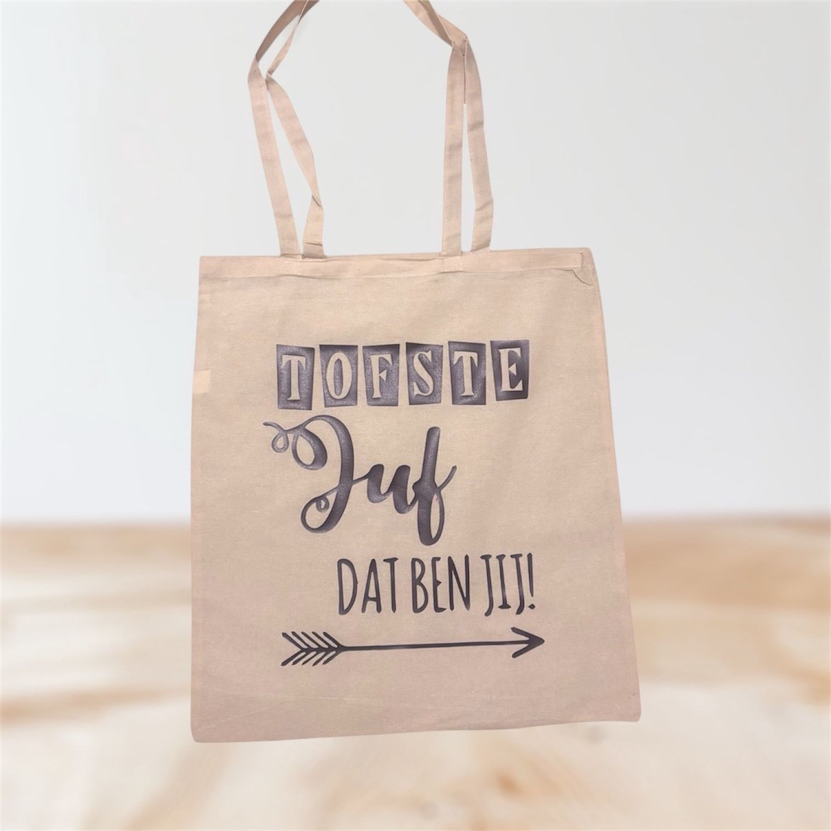 Cadeau tas - Tofste juf dat ben jij - beige - katoen - 38x42cm
