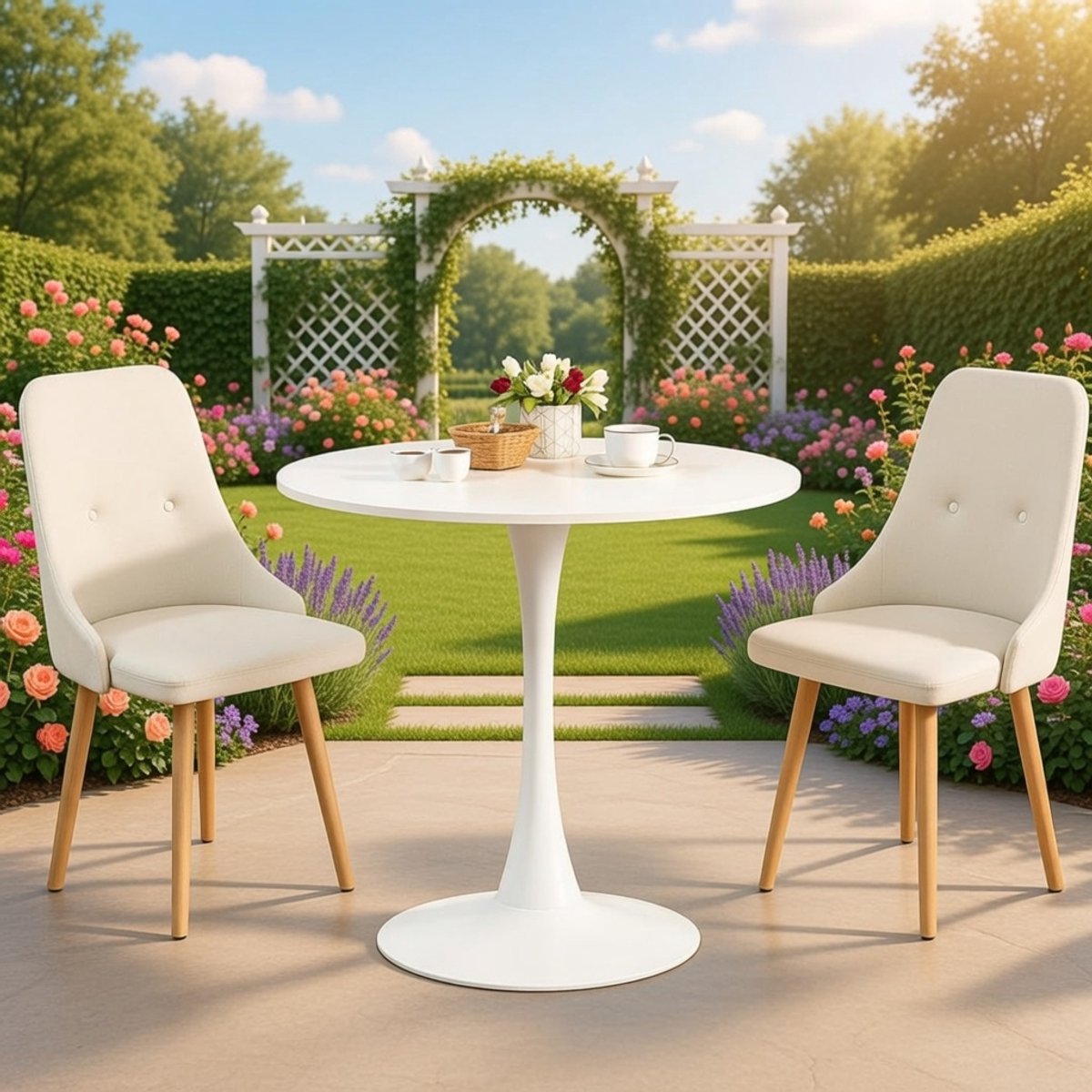 Ronde Eettafel Casa Serena - Moderne Witte Keukentafel met Tulpenzwembad, 80 cm - Houten Tafel voor 2-4 Personen, Duurzaam MDF & Metalen Frame, Compact Ontwerp voor Woonkamer, Keuken of Thuiswerkpl...