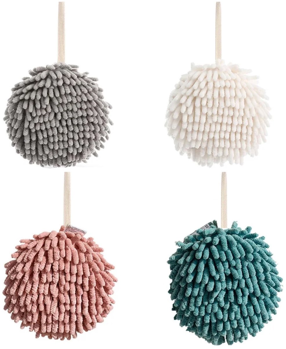 longziming -Set van 4 Puff Handdoekballen - Sneldrogende Chenille Pluche Handdoeken, Super Absorberend en Zacht, 6,8 Inch, Geschikt voor Keuken en Badkamer