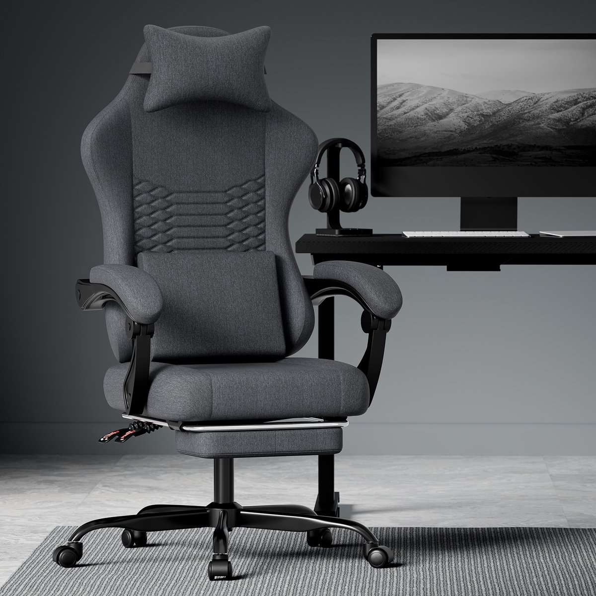 Gamingstoel, stoffen bureaustoel, gamingstoel met massagefunctie in de hoofdsteun, ergonomische racestoel met voetensteun (zwart)