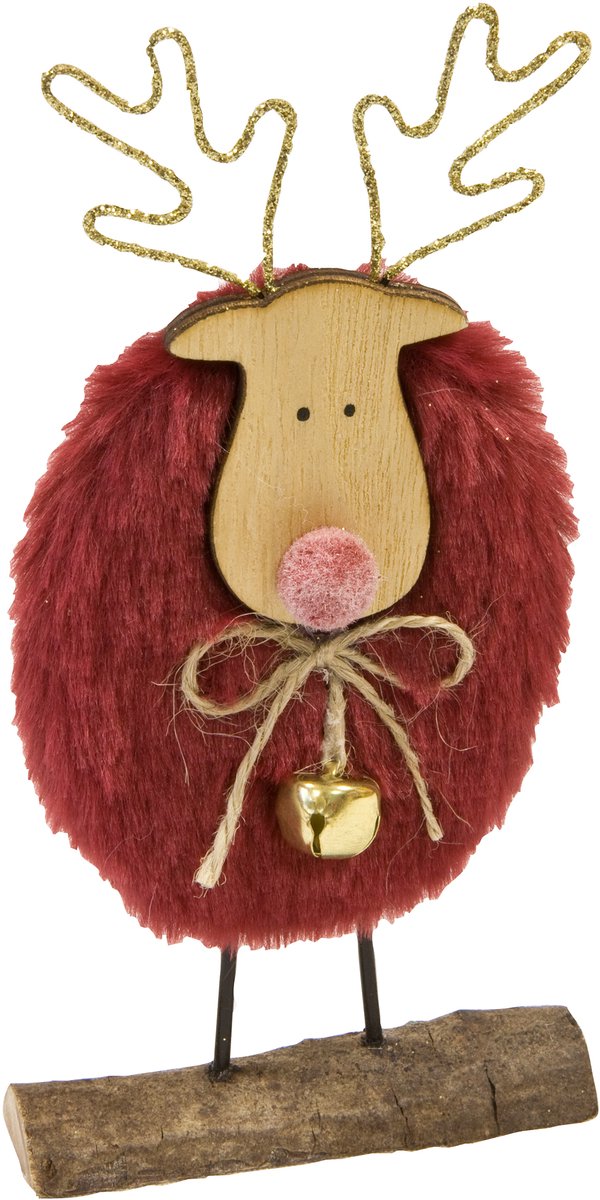 HOBI - Rendierdecoratie van hout en bordeauxrode vacht 15 cm met belletje
