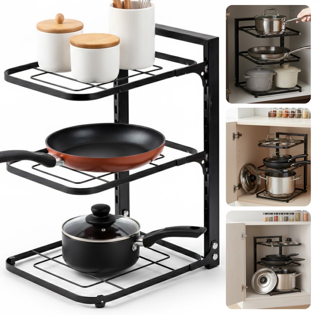 Cheqo® Pannenrek - Verstelbaar Pannenrek - Pannen Organizer - Pannen Opbergrek - Keukenrek Voor Pannen - Pannenrek Staand - Pannenrek Keukenkast - Pannenrek Voor Pannen En Deksels - Zwart Pannenrek
