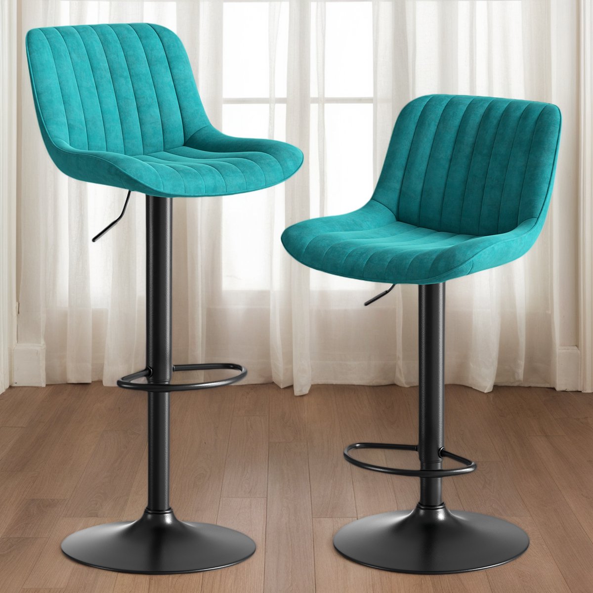 STILVORA Barkrukken 87 Tot 109 Cm - Set Van 2 - In Hoogte Verstelbaar En 360 Graden Draaibaar - Voor Keuken En Bar - Fluweel - Blauw