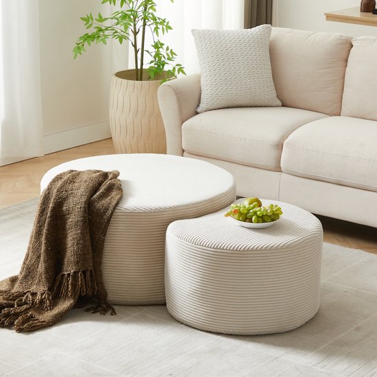 STILVORA Ensemble Table Basse Rond - Set De 2 - Pouf Et Table D'appoint Sans Montage - Pour Salon Et Chambre À Coucher - Tissu Beige