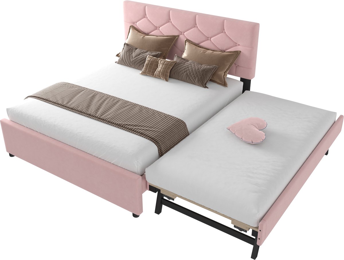 Merax Gestoffeerd bed - 140x200 cm - zonder matras - Bed met rolcontainer - fluweel - roze