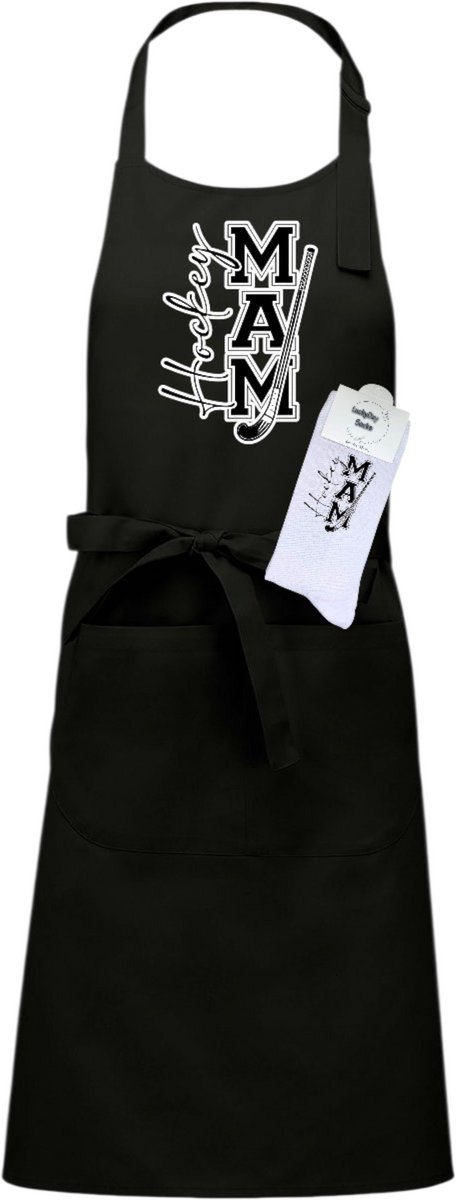 Keukenschort en sokken met tekst - Giftset - Hockey mama - Oma cadeau - Moederdag cadeau - Zwart - Verstelbaar - Cadeau idee - Verjaardag - Cadeau dames en heren - Jubileum - Afscheid - Verrassing - Grappig cadeau - Onesize
