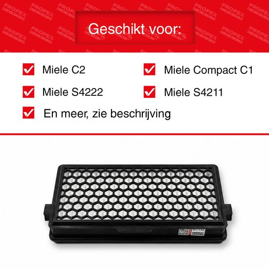Propex Parts stofzuigerfilter voor Miele C2, S4222, Miele Compact C1, S4211 en meer. Het filter heeft een zwart frame en een wit honingraatpatroon.