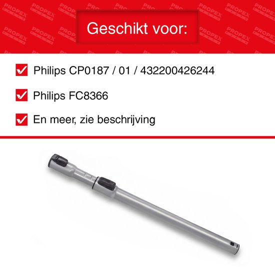 Zilverkleurige telescoopbuis met "Propex Parts" logo en tekst 'Geschikt voor:'. Compatibel met Philips CP0187 en FC8366.
