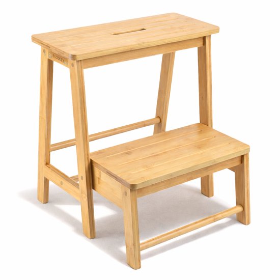 BUDDLEY Opstapje Inklapbaar - Bamboe - Keukentrapje 2 treden Opvouwbaar - Opstapkrukje Hout- Opvouwbaar - Keukentrapje Hout - Opstapje Hout 2 treden - Kinderen - Opstapjes - Trapje - Krukje Keuken - Kind - Opstapje Krukje - Kindertrap - Bamboo