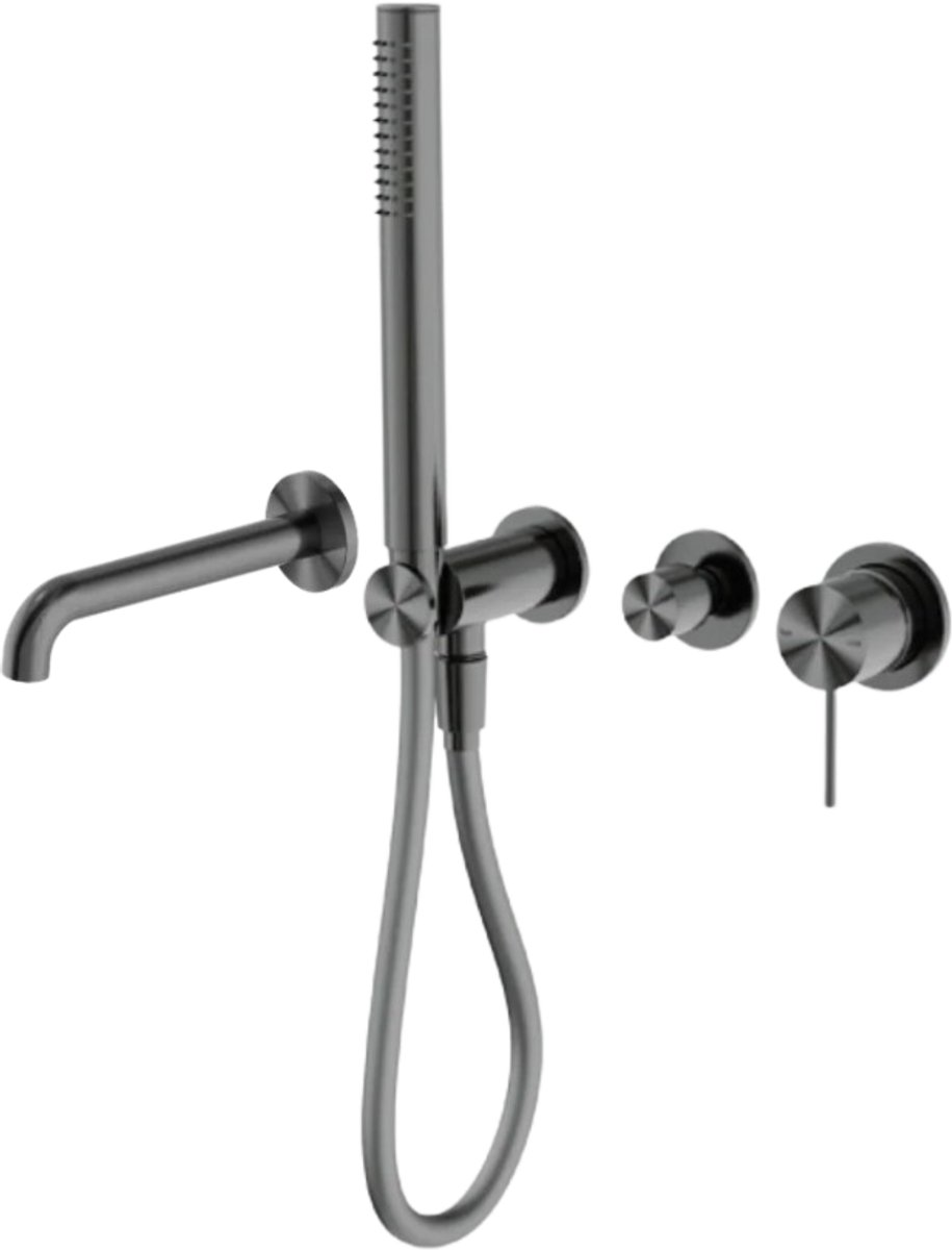 Owen & Finch Badkraan Gun Metal (PVD) – Messing Mengkraan met Staafhanddouche – 215mm Uitloop – Inbouw Badmengkraan – Inclusief Inbouwdeel